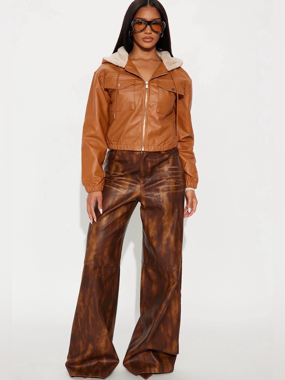 Women’s Tan Faux-Leather Sherpa Collar Jacket - Picture 2 of 6
